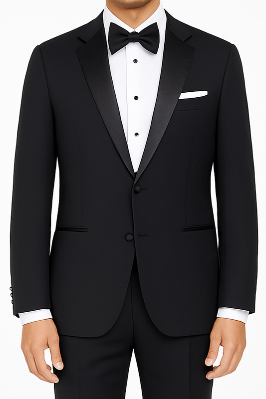 Black tuxedo with white shirt and black bow tie on a white background