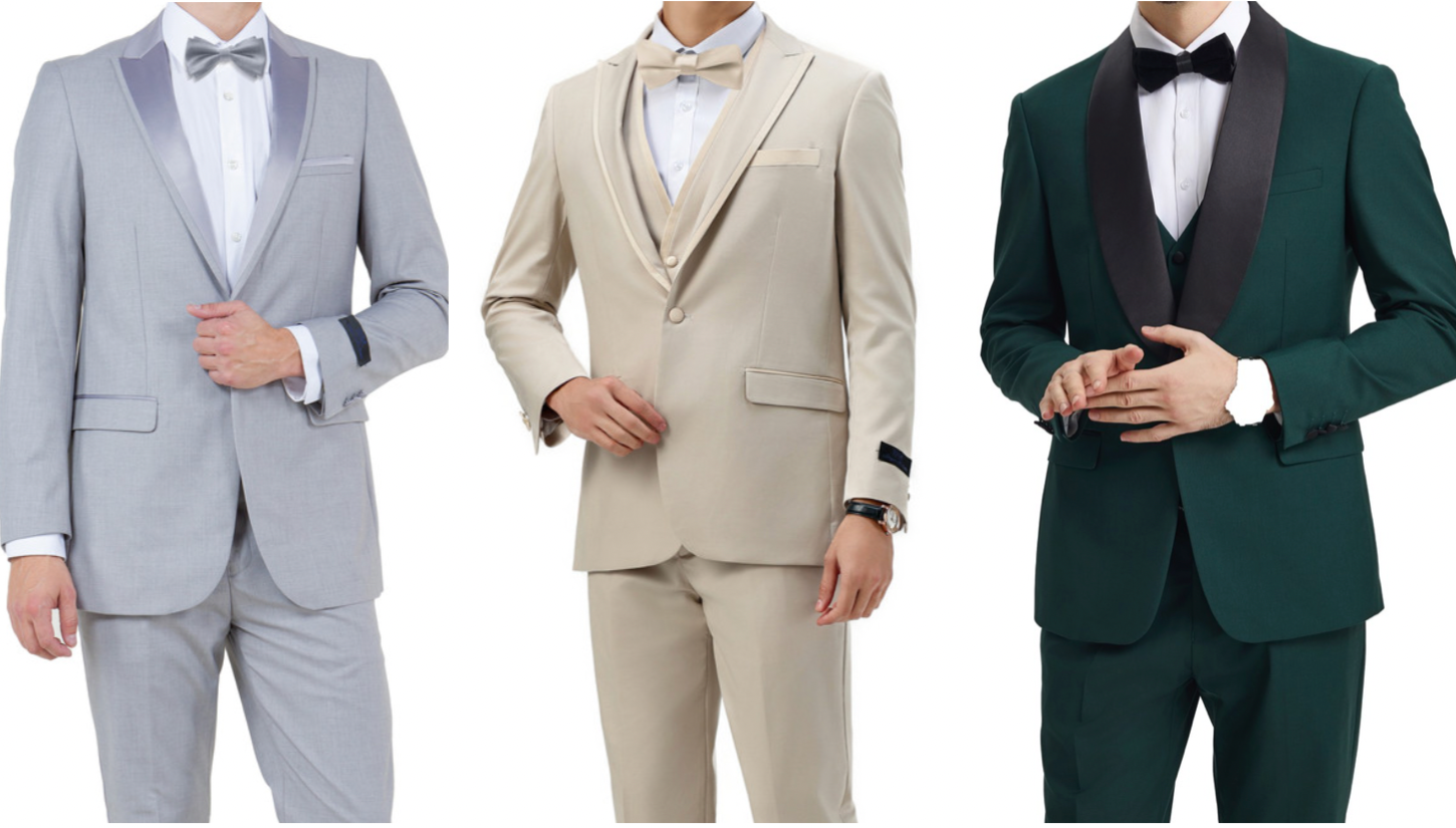 Three men wearing formal suits in gray, beige, and green on a white background.