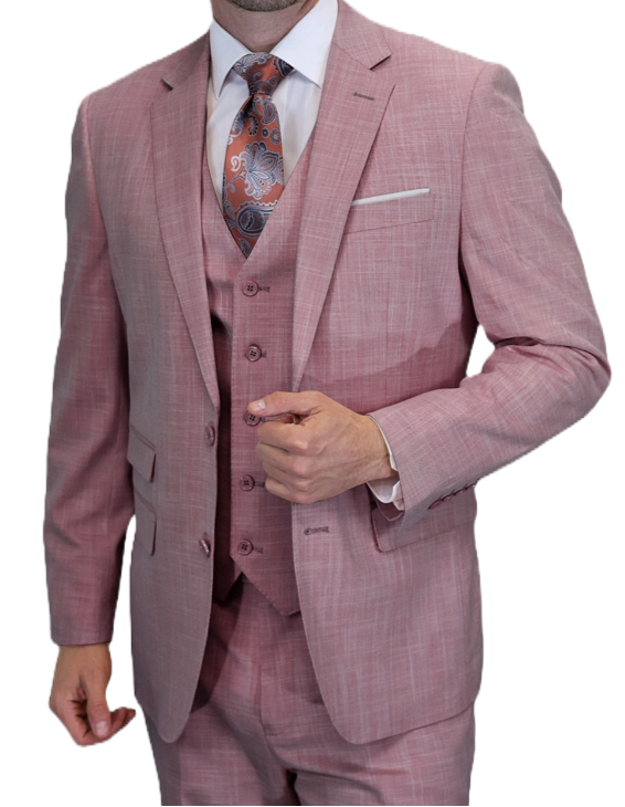 Man wearing a pink checkered suit with a white shirt and patterned tie on a white background