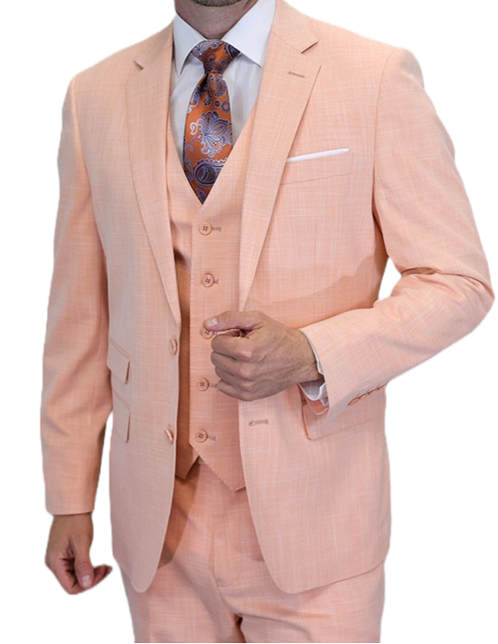 Man wearing a peach suit with a patterned tie on a white background