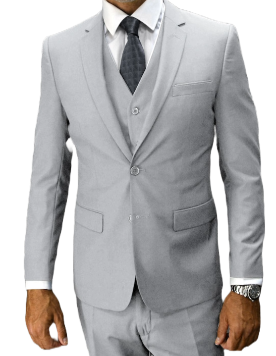 Man wearing a gray suit with a white shirt and tie on a white background