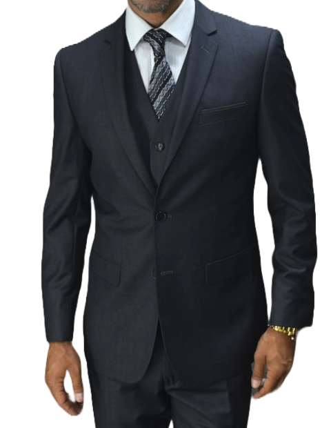 Man wearing a dark gray suit with sunglasses on a white background