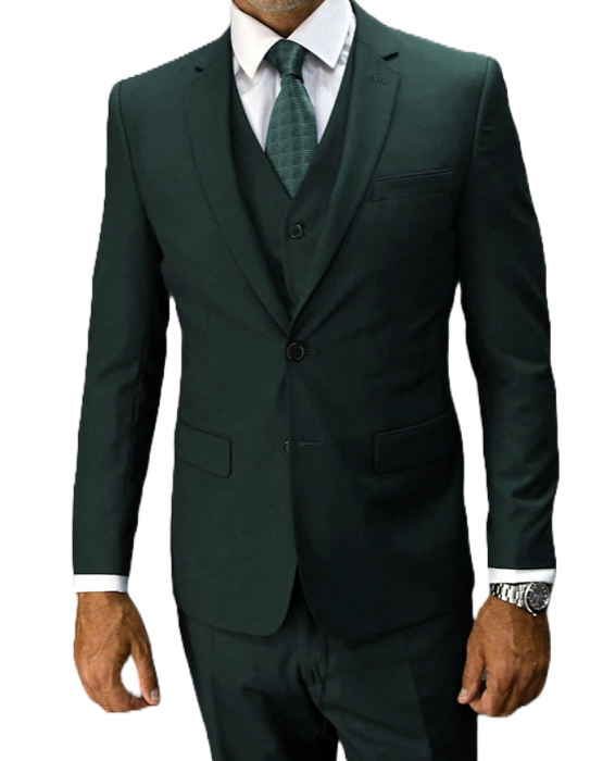 Man wearing a green suit with a white shirt and tie on a white background