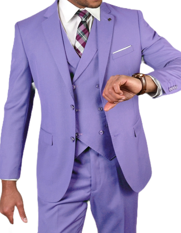 Man wearing a light purple suit with a white shirt and plaid tie on a white background