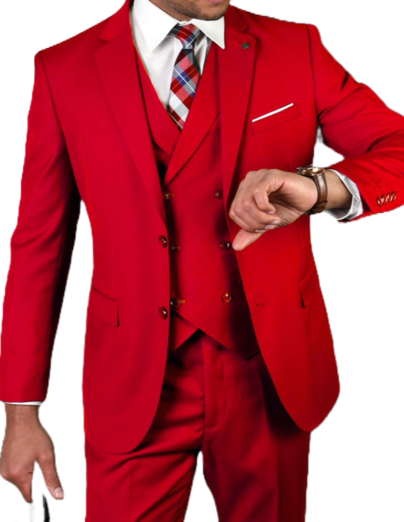 Man wearing a red suit with a white shirt and plaid tie on a white background