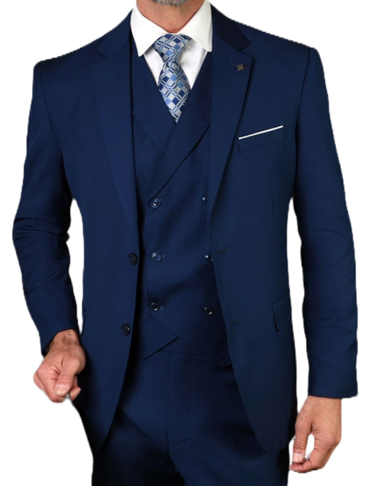 Man wearing a navy blue suit with a white shirt and patterned tie on a white background