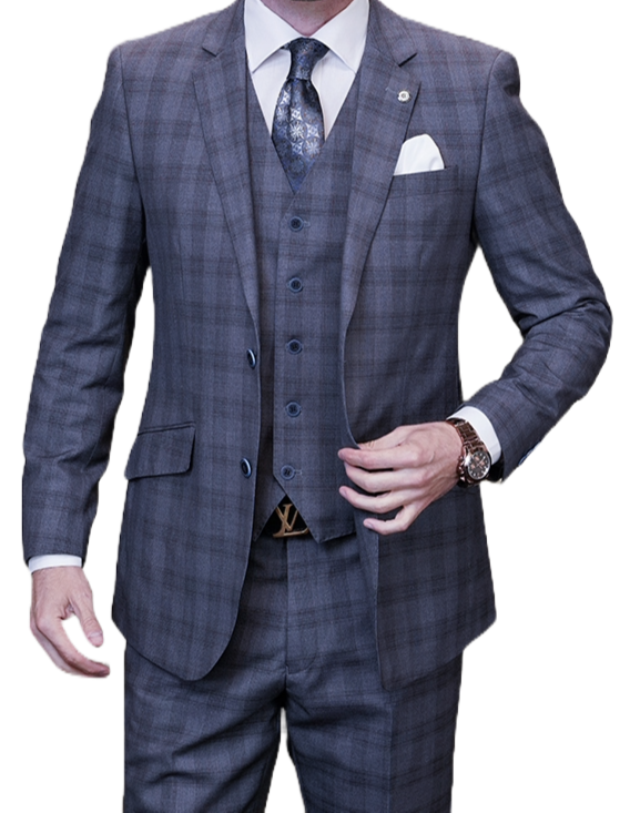Man wearing a gray checkered suit with a white shirt and patterned tie on a white background