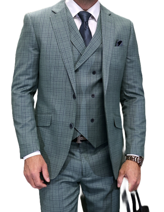 Man wearing a gray checkered suit with sunglasses on a white background
