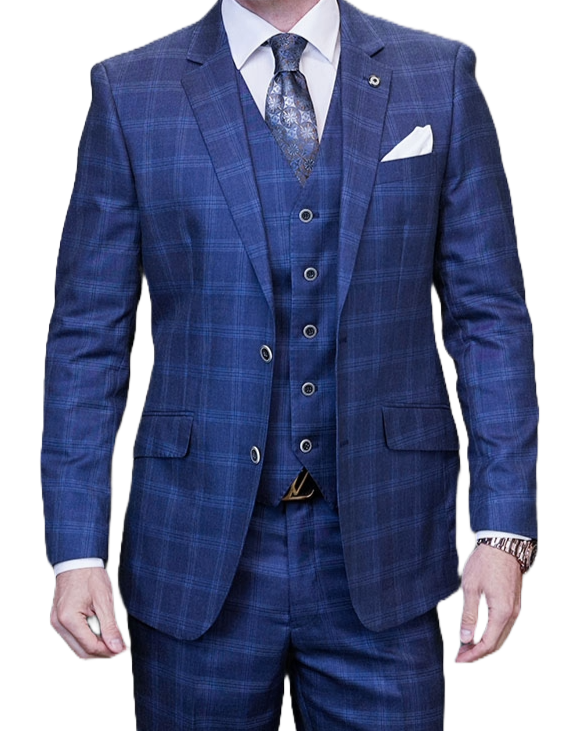 Man wearing a blue checkered suit with a white shirt and patterned tie on a white background