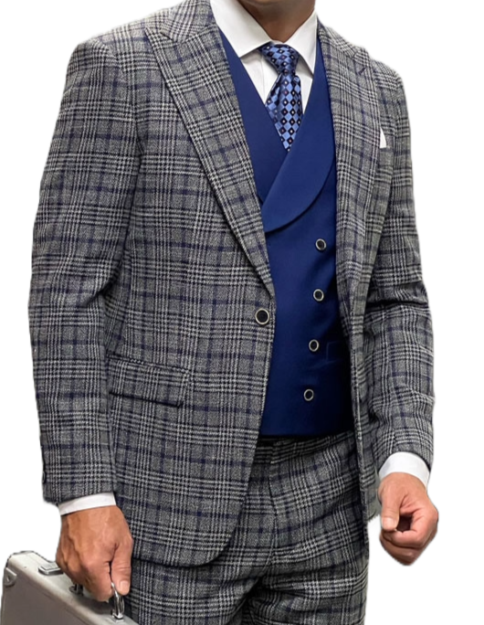Man in a gray checkered suit with a blue vest holding a briefcase on a white background