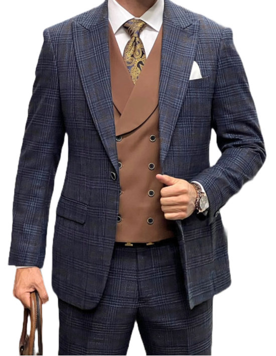 Man wearing a blue checkered suit with a brown vest and tie on a white background