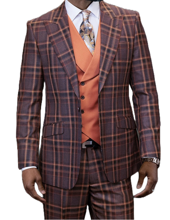 Man wearing a plaid suit with an orange vest on a white background