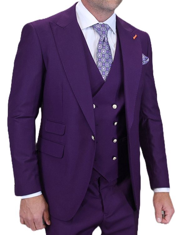 Man wearing a purple suit with a white shirt and patterned tie on a white background