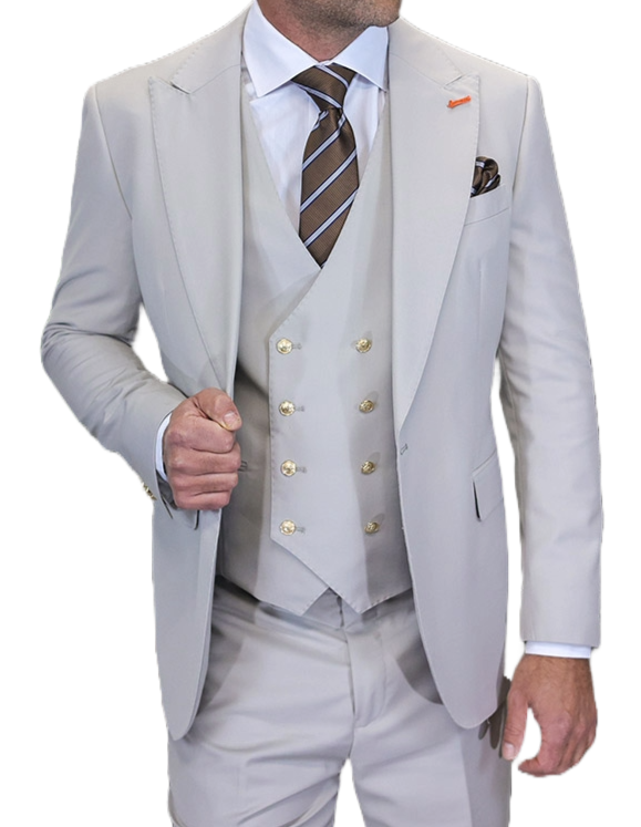 Man wearing a light gray suit with a tie and pocket square on a white background