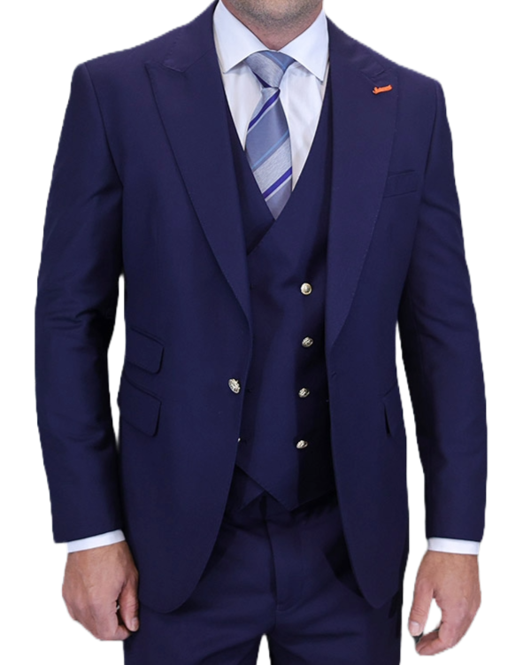 Man wearing a navy blue suit with a white shirt and striped tie on a white background