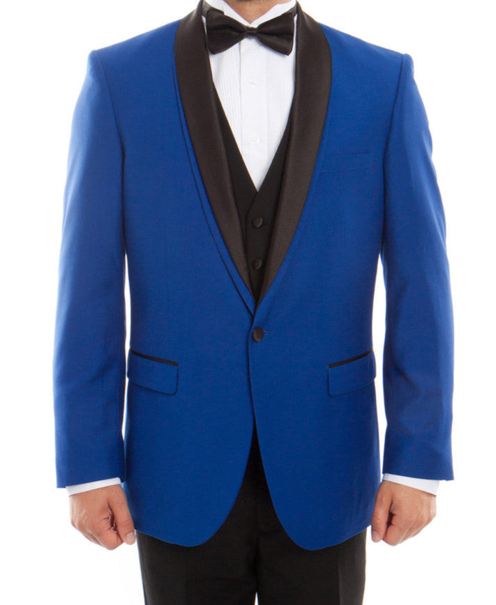 Man wearing a blue tuxedo with black lapels on a white background