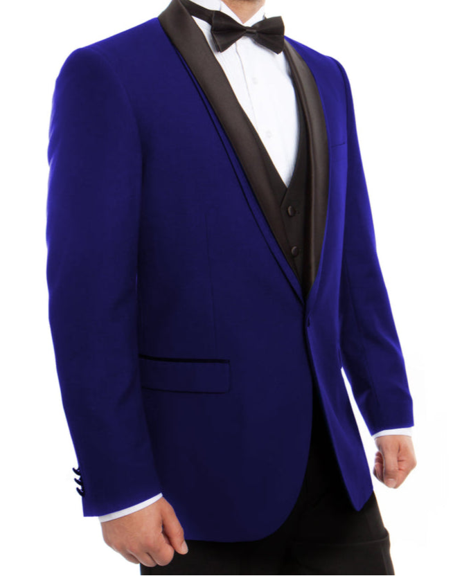Man wearing a blue tuxedo with a black bow tie on a white background