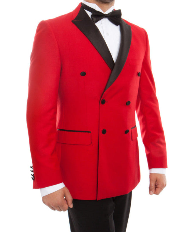 Man wearing a red tuxedo with black lapels on a white background
