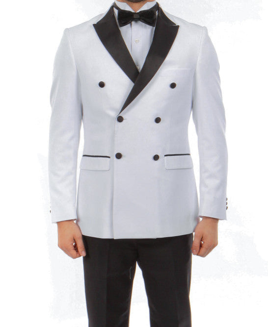 Man wearing a white tuxedo with black lapels on a white background